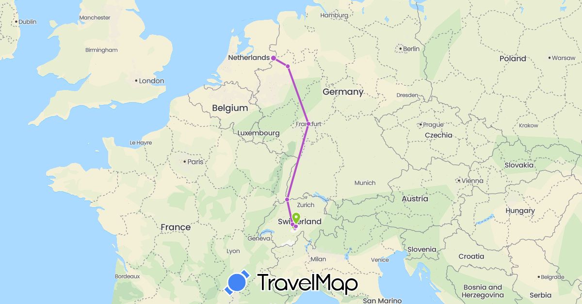TravelMap itinerary: driving, train, electric vehicle in Switzerland, Germany, Netherlands (Europe)